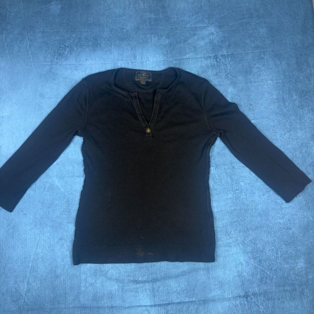 Y2K Lauren Ralph Lauren Ribbed Henley Womens S Black Gold Snap